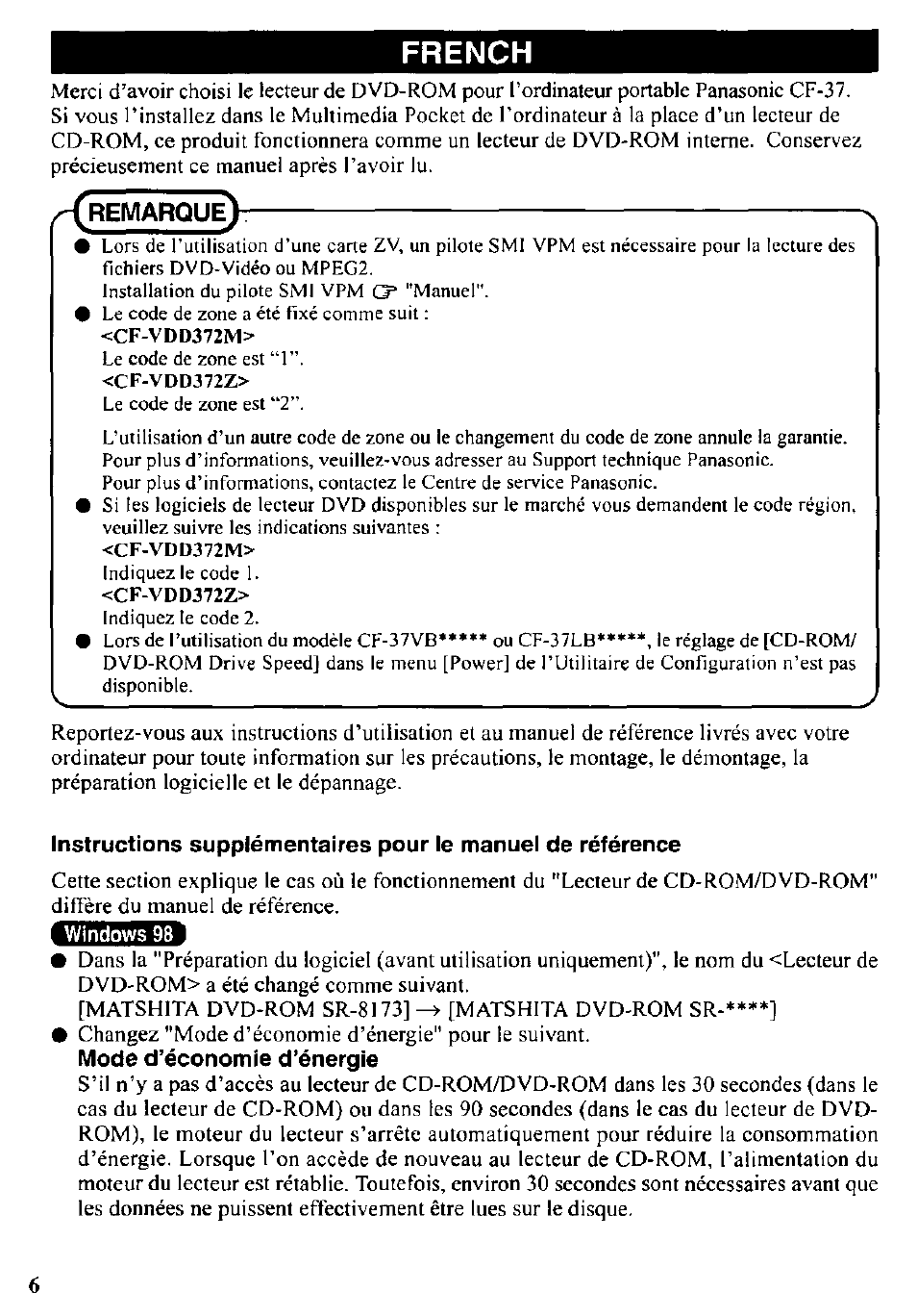 French, Mode d’économie d’énergie | Panasonic CF-VDD372 User Manual | Page 6 / 8