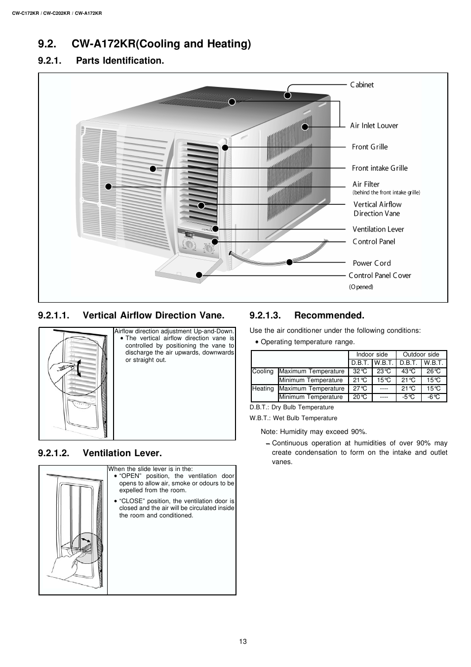 Cw-a172kr(cooling and heating), Ventilation lever, Recommended | Panasonic CW-C172KR User Manual | Page 3 / 8