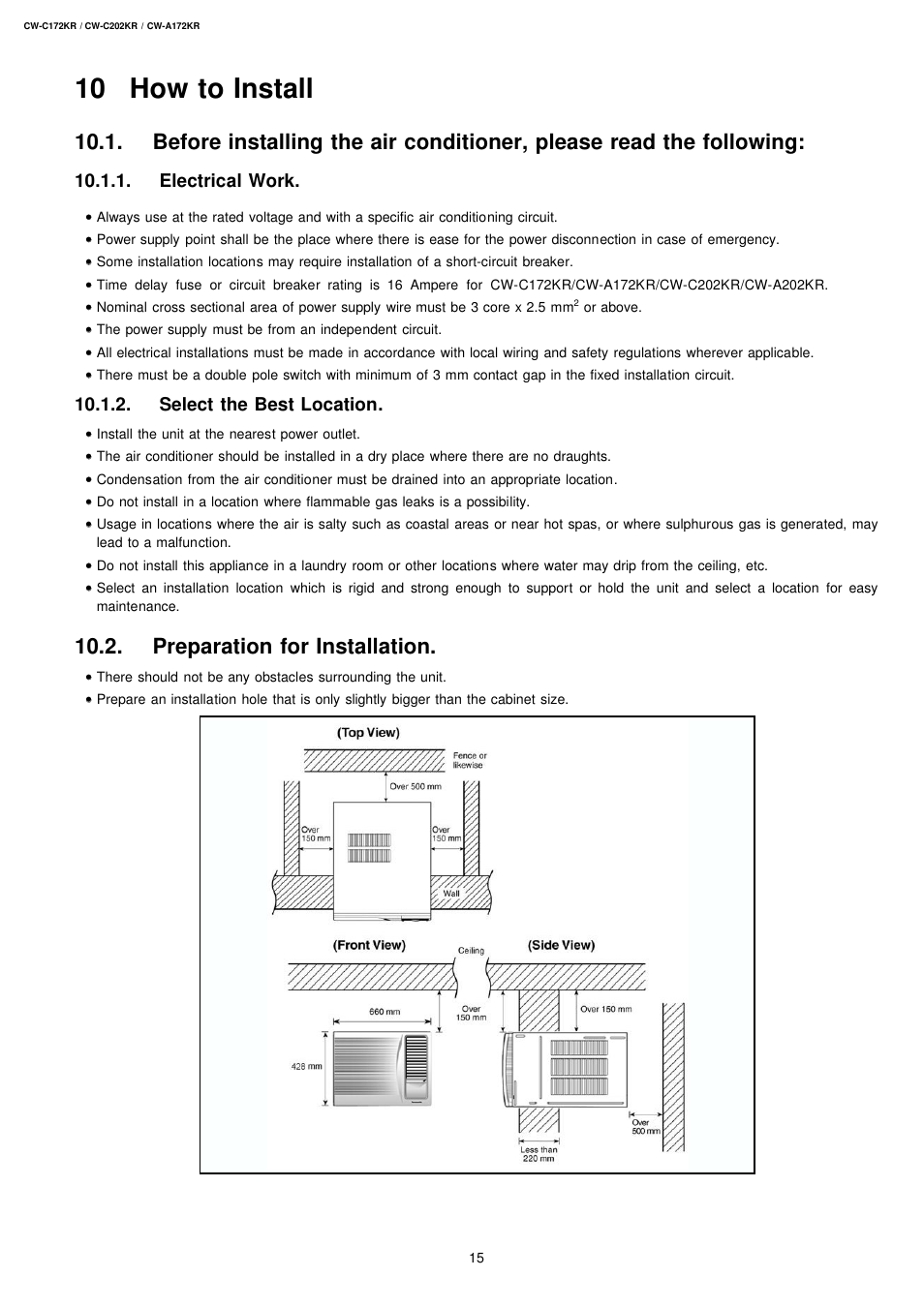 10 how to install, Preparation for installation, Electrical work | Select the best location | Panasonic CW-C172KR User Manual | Page 5 / 8