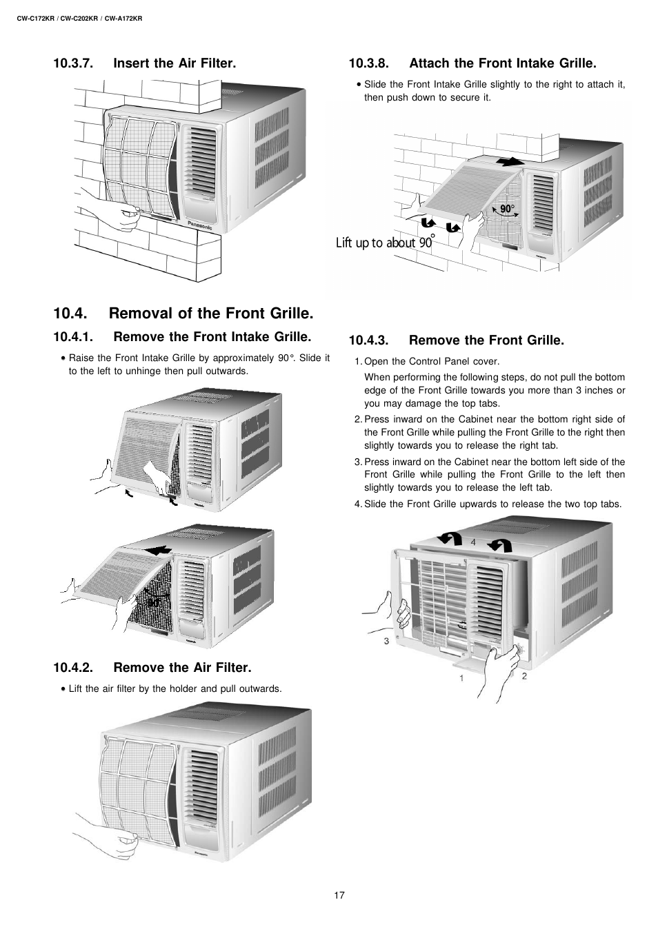 Removal of the front grille | Panasonic CW-C172KR User Manual | Page 7 / 8