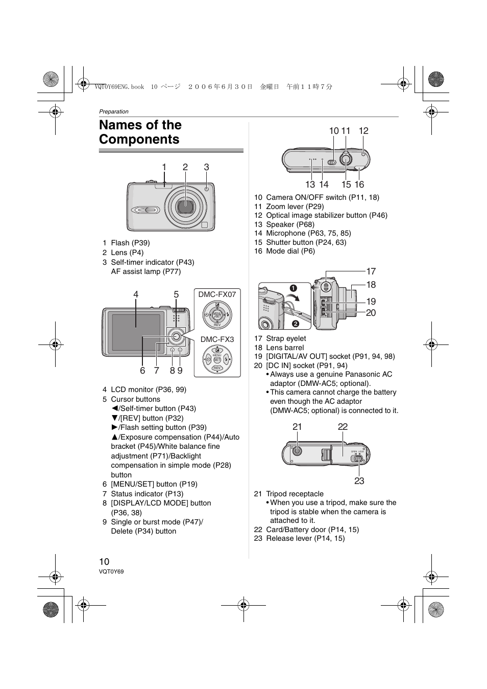Names of the components | Panasonic DMC-FX3 User Manual | Page 10 / 128