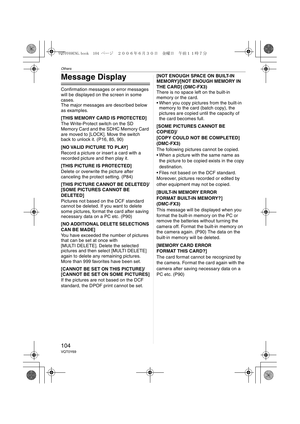 Message display | Panasonic DMC-FX3 User Manual | Page 104 / 128