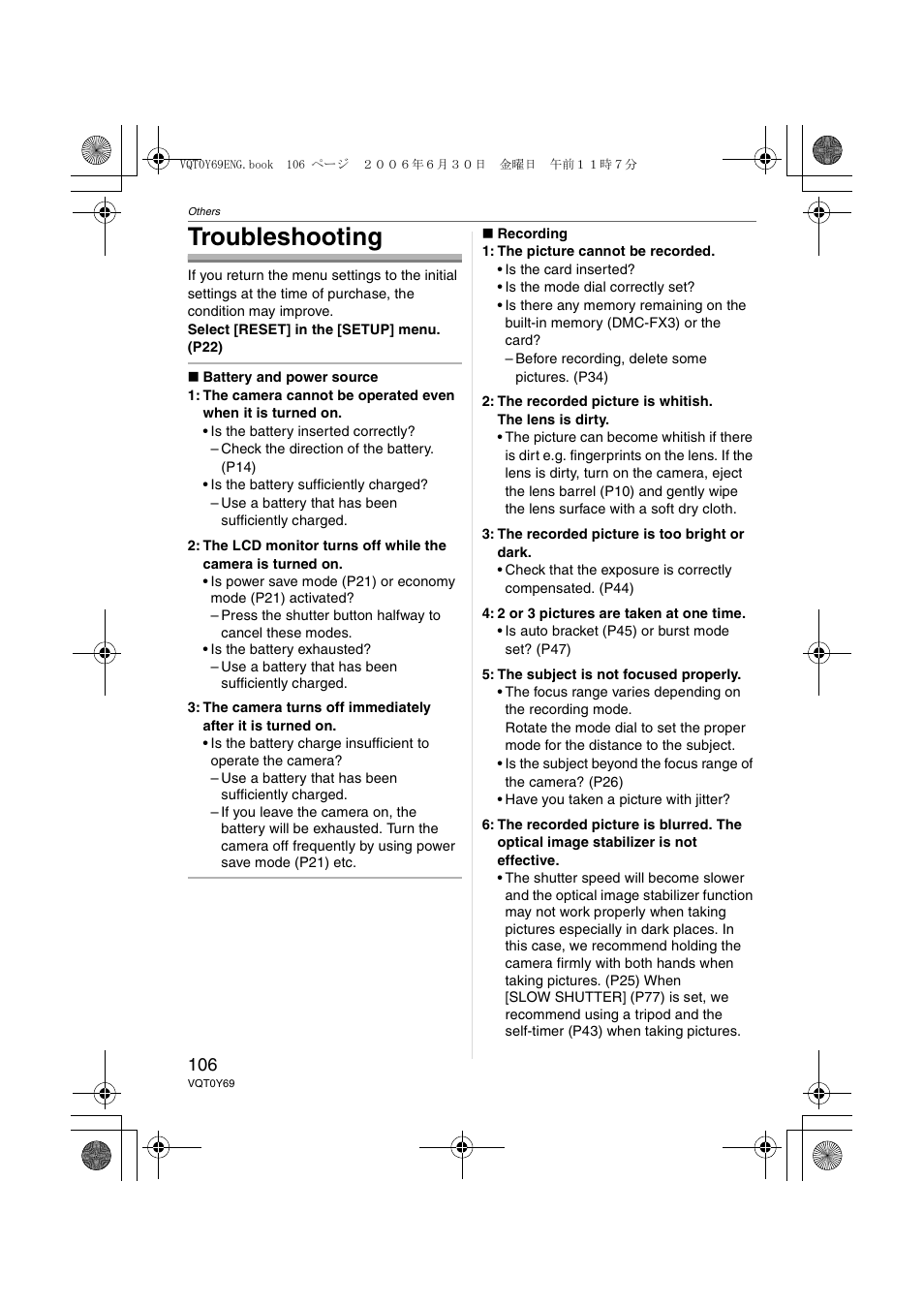 Troubleshooting | Panasonic DMC-FX3 User Manual | Page 106 / 128