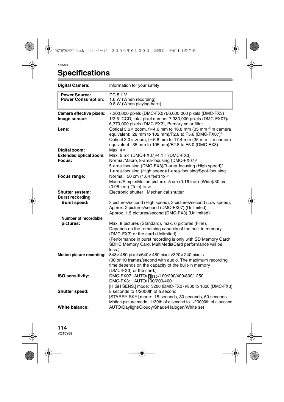 Specifications | Panasonic DMC-FX3 User Manual | Page 114 / 128