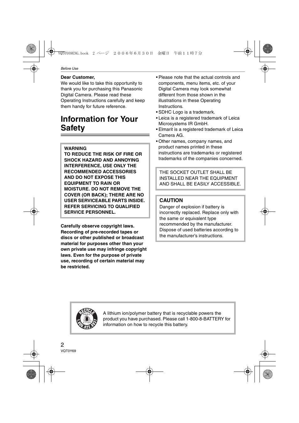 Before use, Information for your safety | Panasonic DMC-FX3 User Manual | Page 2 / 128