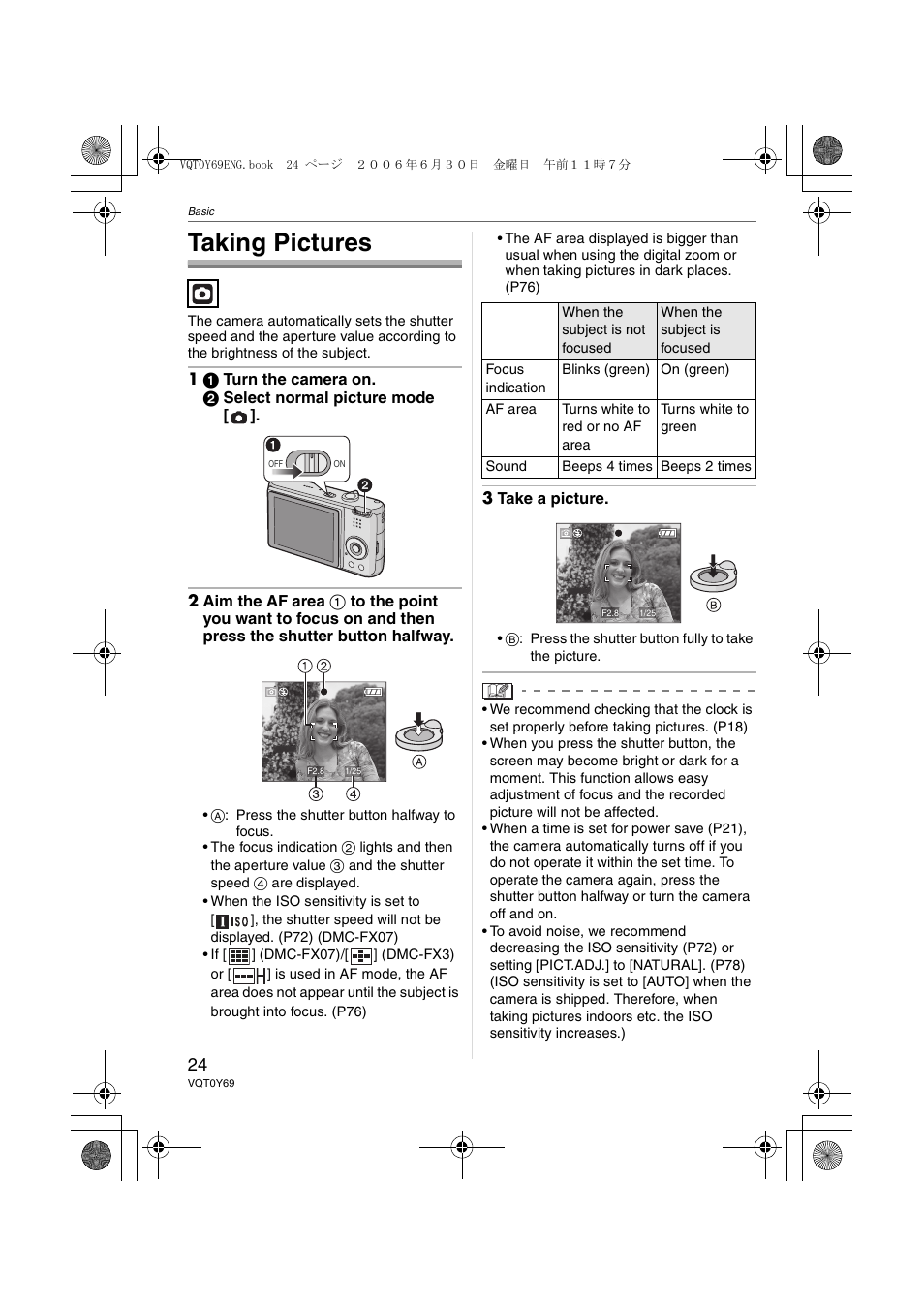 Basic, Taking pictures | Panasonic DMC-FX3 User Manual | Page 24 / 128