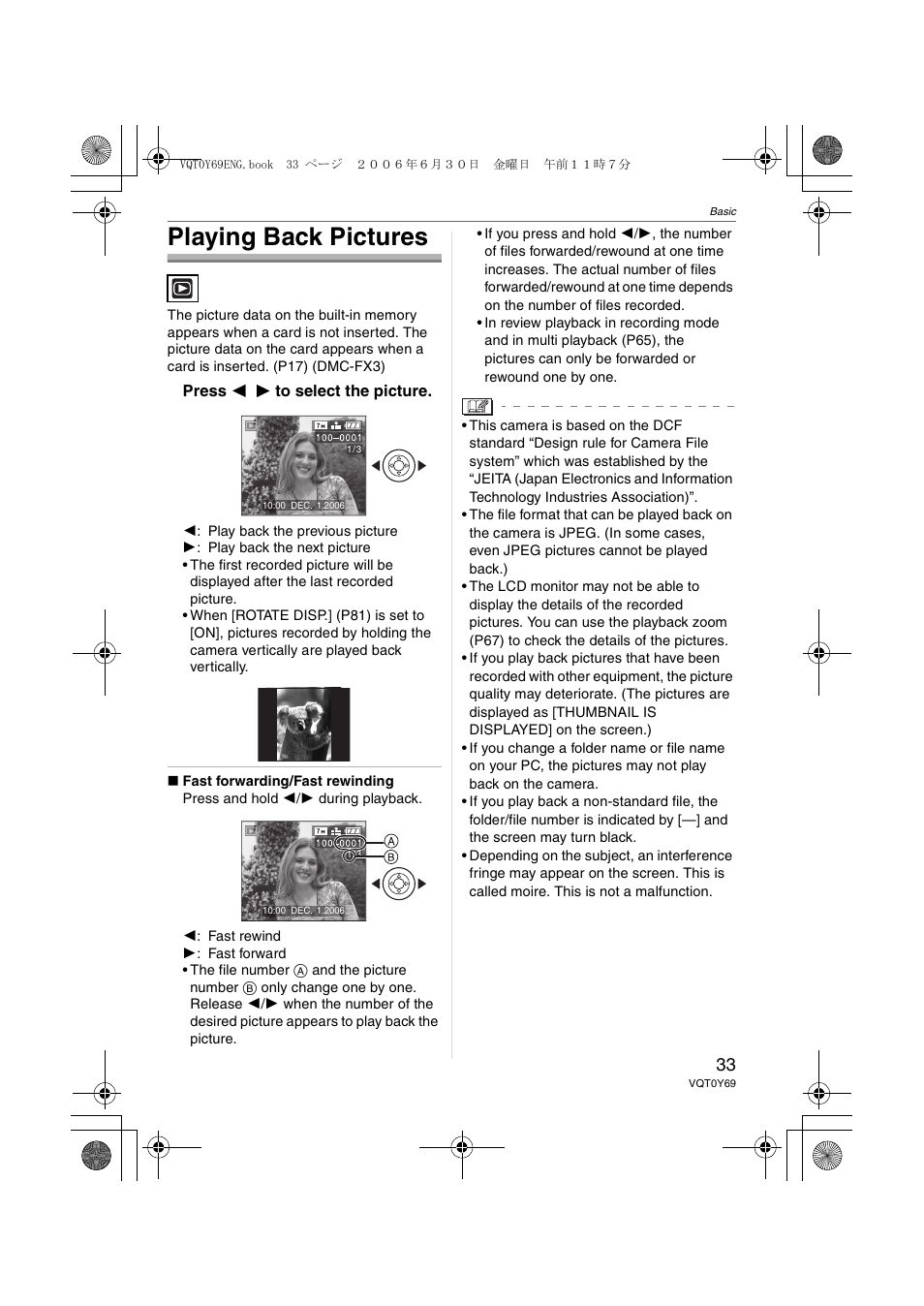 Playing back pictures | Panasonic DMC-FX3 User Manual | Page 33 / 128