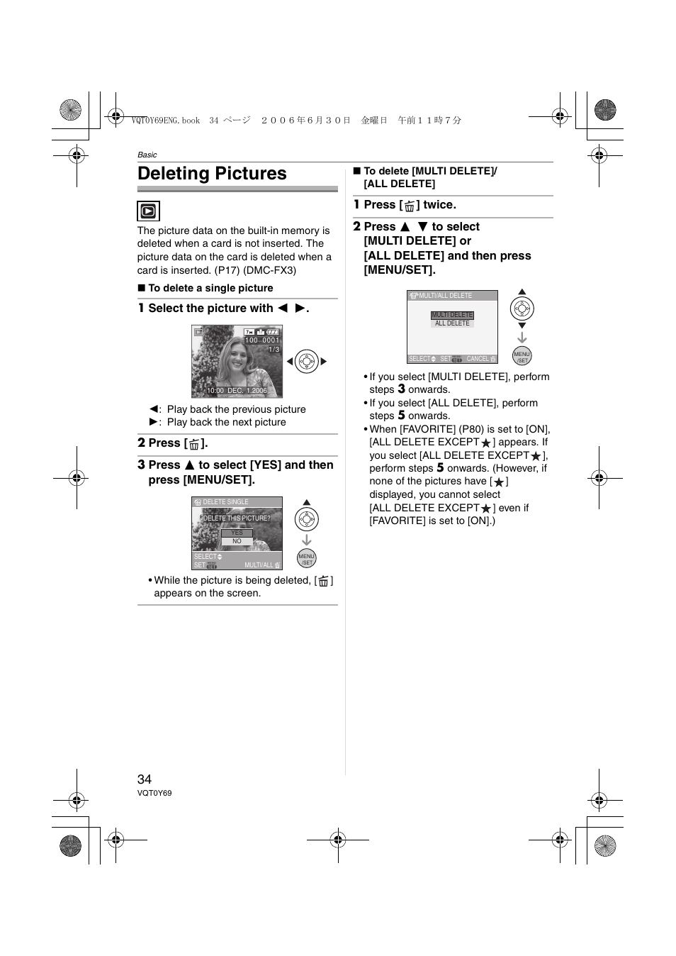 Deleting pictures | Panasonic DMC-FX3 User Manual | Page 34 / 128