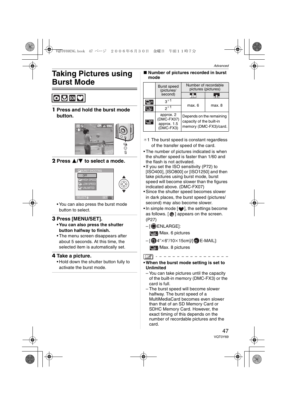 Taking pictures using burst mode | Panasonic DMC-FX3 User Manual | Page 47 / 128
