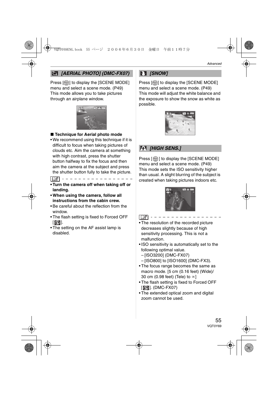 Aerial photo] (dmc-fx07), Snow] [high sens | Panasonic DMC-FX3 User Manual | Page 55 / 128