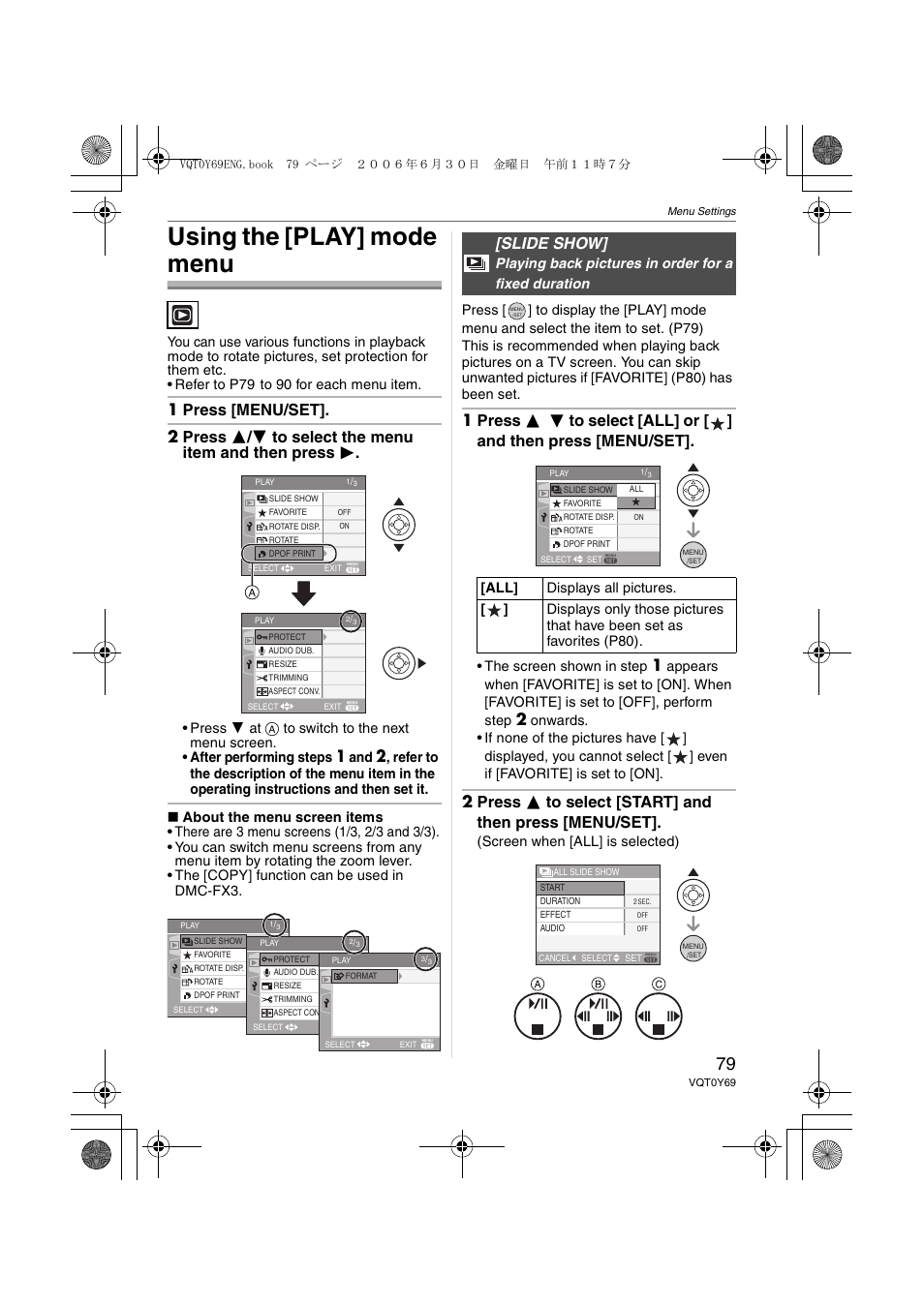 Using the [play] mode menu, Slide show, The screen shown in step | Screen when [all] is selected) | Panasonic DMC-FX3 User Manual | Page 79 / 128