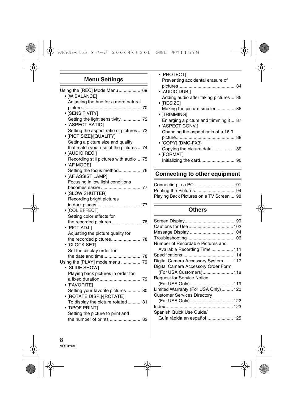 Menu settings, Connecting to other equipment, Others | Panasonic DMC-FX3 User Manual | Page 8 / 128