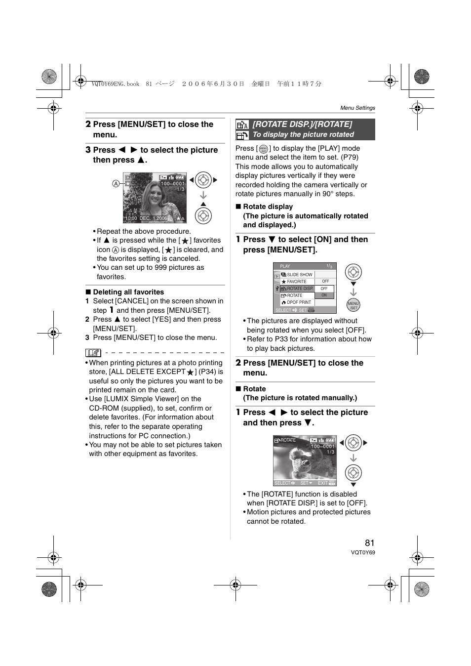 1 press 4 to select [on] and then press [menu/set, 2 press [menu/set] to close the menu, 1 press 2 1 to select the picture and then press 4 | Rotate disp.]/[rotate | Panasonic DMC-FX3 User Manual | Page 81 / 128