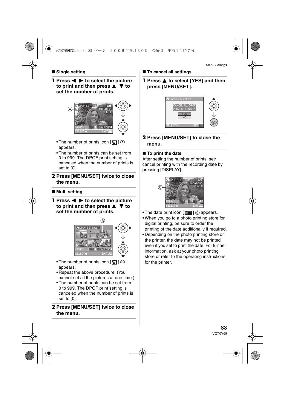 2 press [menu/set] twice to close the menu | Panasonic DMC-FX3 User Manual | Page 83 / 128