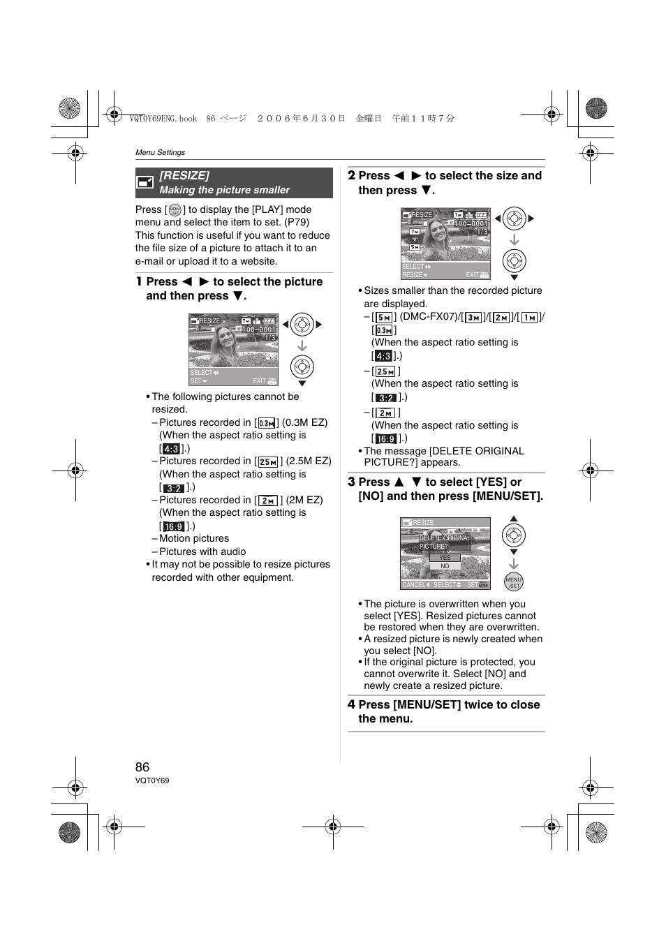 1 press 2 1 to select the picture and then press 4, 2 press 2 1 to select the size and then press 4 | Panasonic DMC-FX3 User Manual | Page 86 / 128