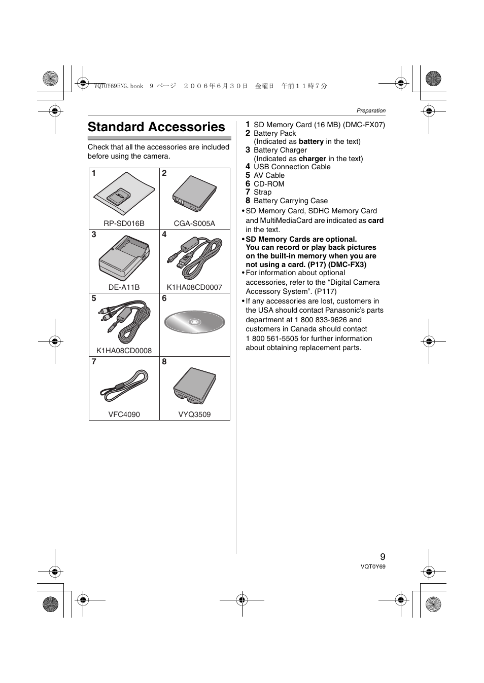Preparation, Standard accessories | Panasonic DMC-FX3 User Manual | Page 9 / 128