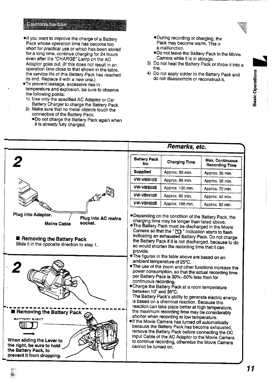 Removing the battery pack, I removing the battery pack, Remarksj etc | Panasonic NV-S99A User Manual | Page 11 / 65