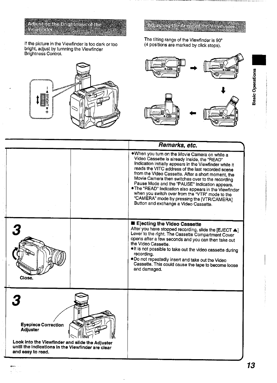 Ejecting the video cassette, Remarks, etc | Panasonic NV-S99A User Manual | Page 13 / 65