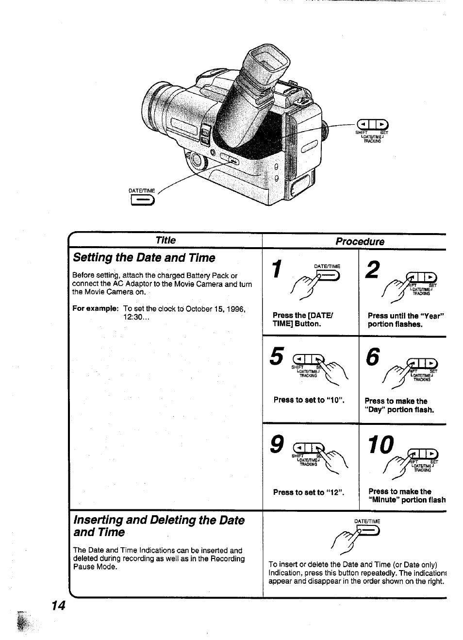 Setting the date and time, Press the [date/ time] button, Press until the “year’ portion flashes | Press to make the “day” portion flash, Press to make the “minute” portion flash, Inserting and deleting the date and time, Title procedure | Panasonic NV-S99A User Manual | Page 14 / 65