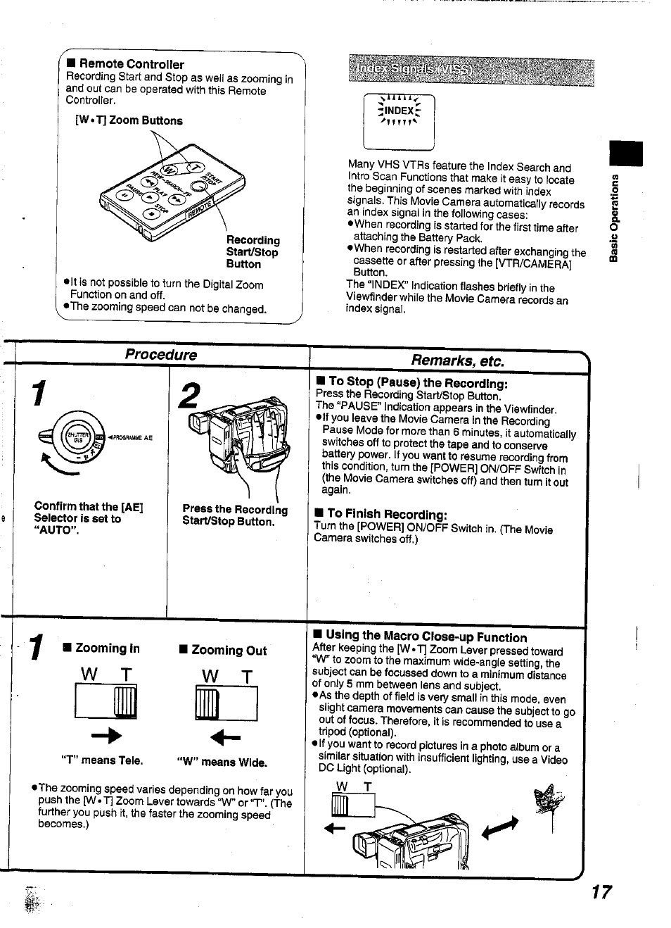 Remote controller, Recording, To stop (pause) the recording | To finish recording, I ■ zooming in, Zooming out, T” means tele, W” means wide, Using the macro close-up function, Procedure remarks, etc | Panasonic NV-S99A User Manual | Page 17 / 65