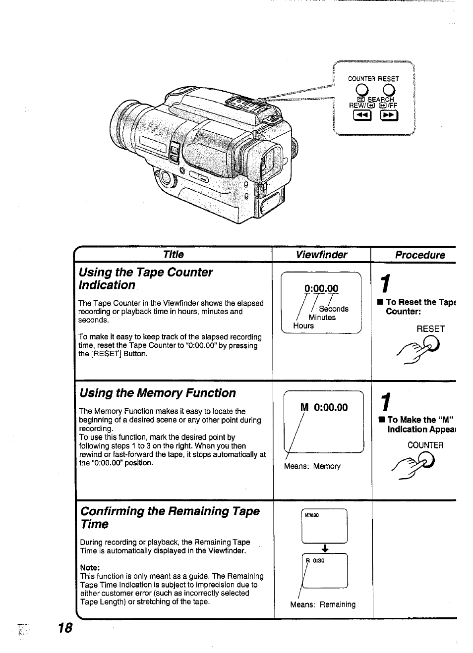 Using the tape counter indication, To reset the tape counter, Using the memory function | To make the “m” indication appeal, Confirming the remaining tape time, Note | Panasonic NV-S99A User Manual | Page 18 / 65
