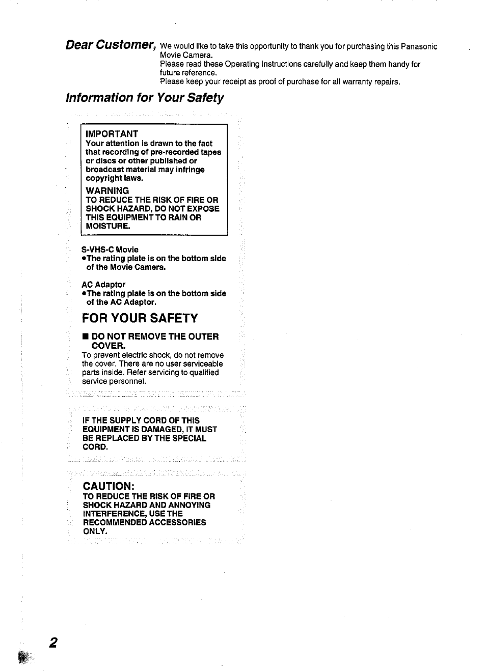Information for your safety, Do not remove the outer cover, Caution | Dear customer, For your safety | Panasonic NV-S99A User Manual | Page 2 / 65