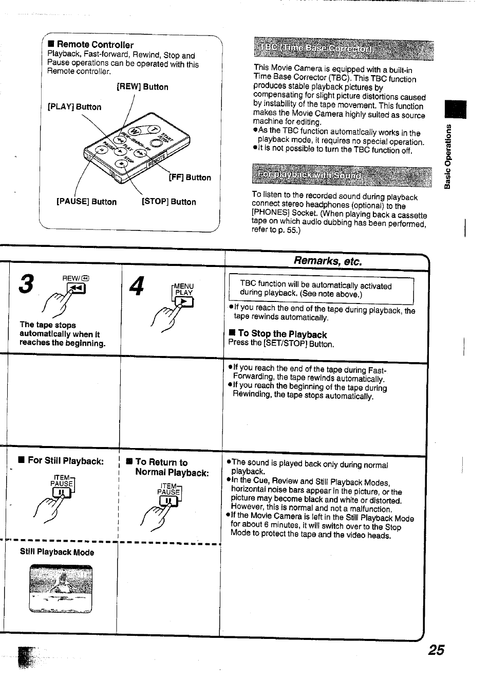 Remote controller, To stop the playback, For still playback | To return to normal playback, Still playback mode, Remarks, etc | Panasonic NV-S99A User Manual | Page 25 / 65
