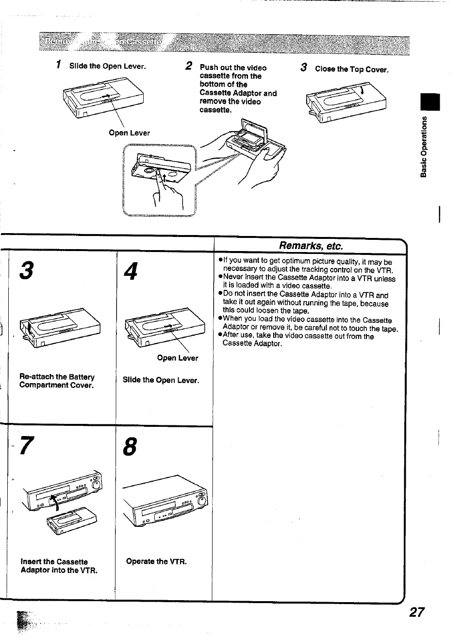 Re-attach the battery compartment cover, Insert the cassette adaptor into the vtr, Operate the vtr | Panasonic NV-S99A User Manual | Page 27 / 65