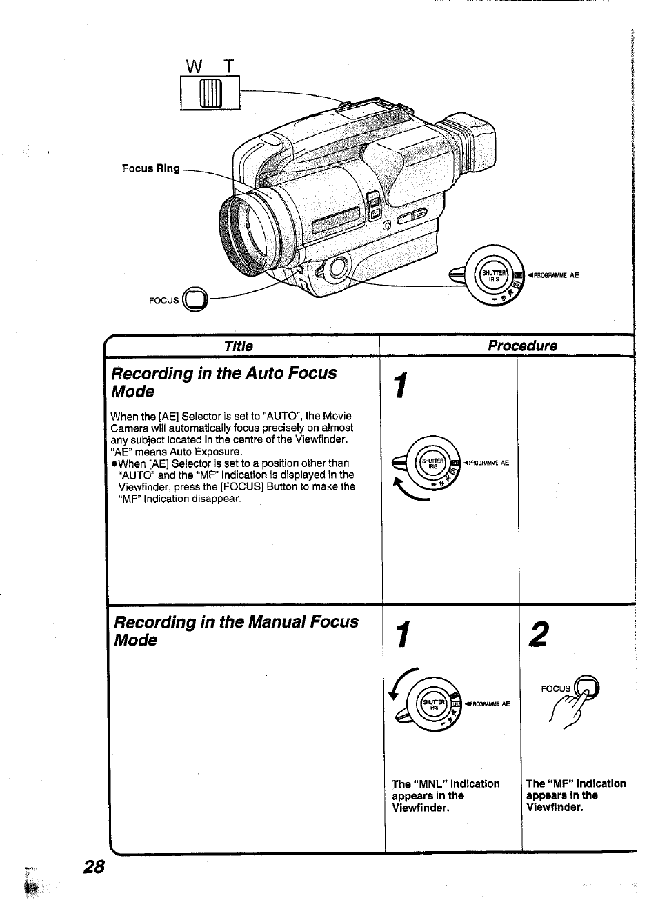 Recording in the auto focus mode, Recording in the manuai focus mode | Panasonic NV-S99A User Manual | Page 28 / 65