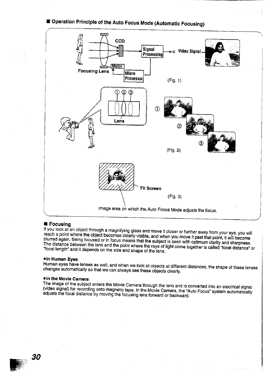 Focusing, In human eyes, In the movie camera | Panasonic NV-S99A User Manual | Page 30 / 65