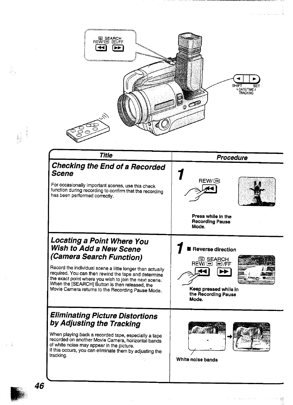 Checking the end of a recorded scene, Reverse direction, Search rew/® @/ff | Panasonic NV-S99A User Manual | Page 45 / 65