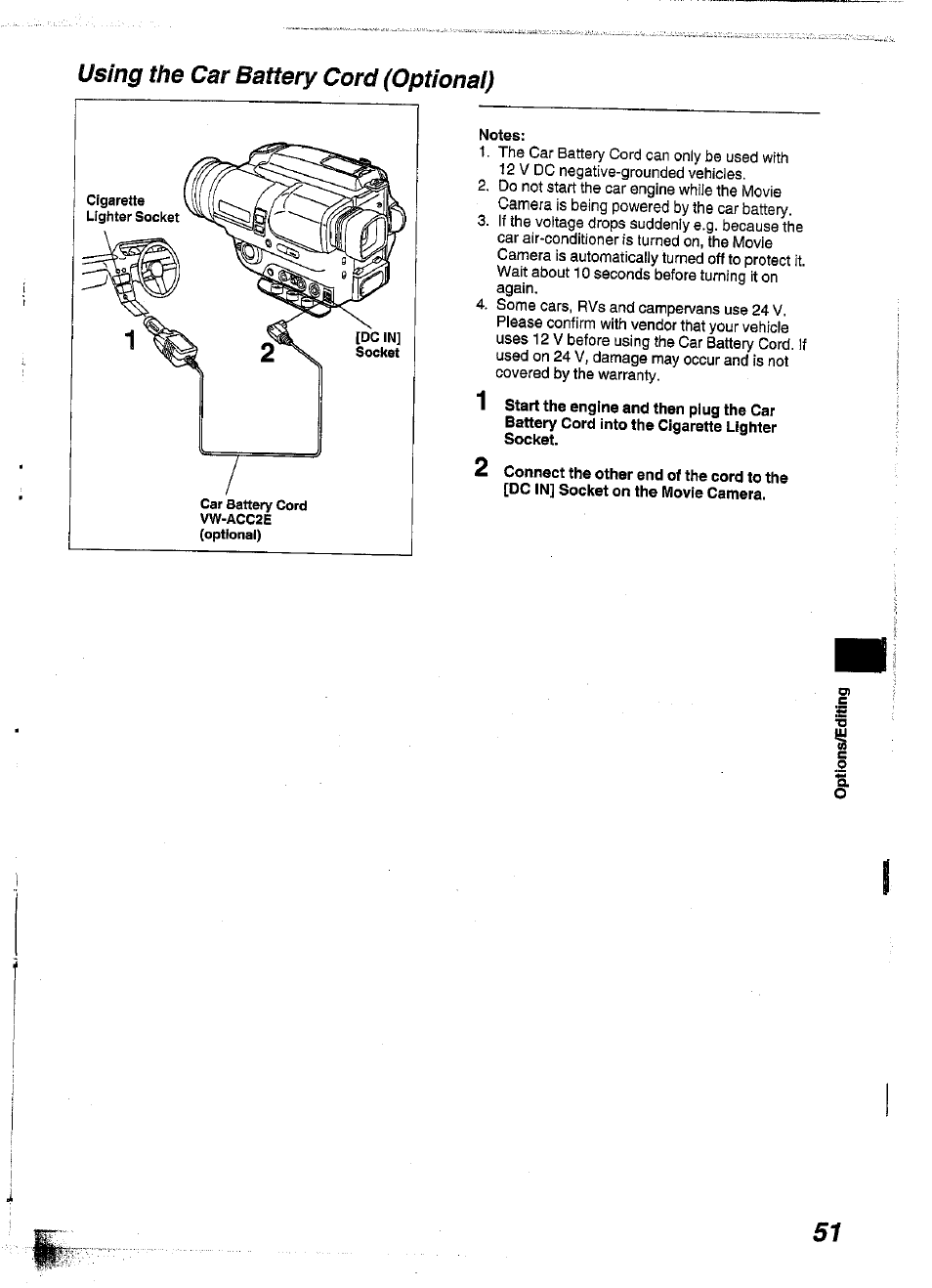 Using the car battery cord (optional), Notes | Panasonic NV-S99A User Manual | Page 50 / 65