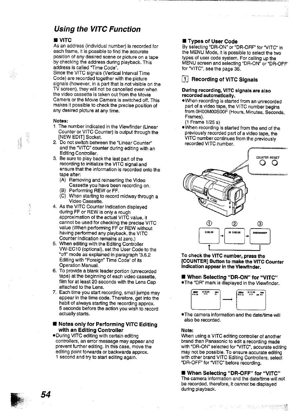 Using the vitc function, Vitc, Notes | Types of user code, T| recording of vitc signals, When selecting “dr-on” for “vitc, Note, When selecting “dr-off” for “vitc | Panasonic NV-S99A User Manual | Page 53 / 65