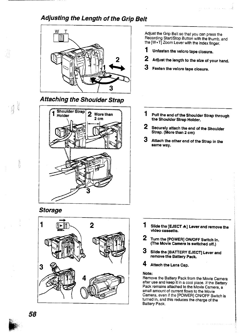 Adjusting the length of the grip belt, Attaching the shoulder strap, Storage | Panasonic NV-S99A User Manual | Page 57 / 65