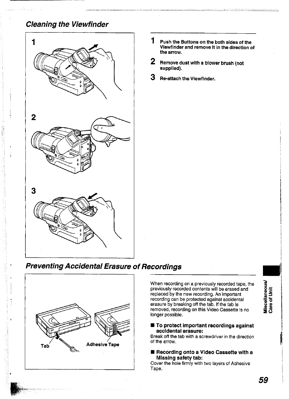 Cleaning the viewfinder, 2 remove dust with a blower brush (not suppiied), 3 re-attach the viewfinder | Preventing accidental erasure of recordings | Panasonic NV-S99A User Manual | Page 58 / 65