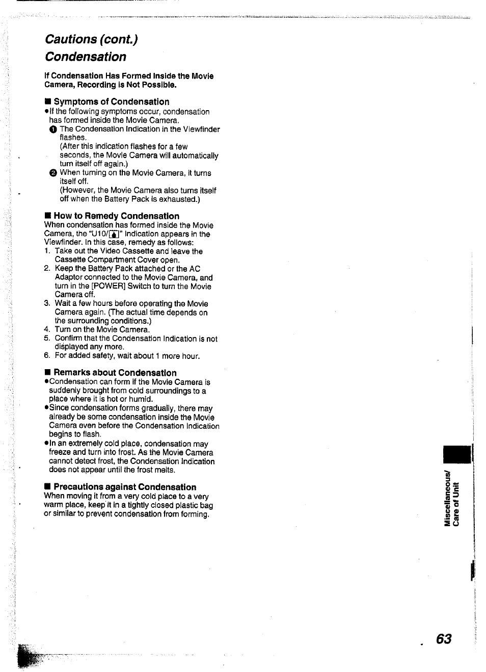 Cautions (cont), Condensation, Symptoms of condensation | How to remedy condensation, Remarks about condensation, Precautions against condensation, Cautions (cont) condensation | Panasonic NV-S99A User Manual | Page 62 / 65