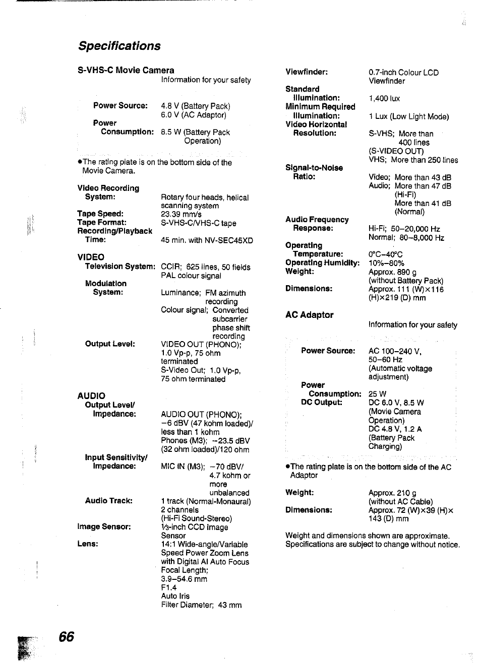 Specifications, S-vhs-c movie camera, Video | Ac adaptor | Panasonic NV-S99A User Manual | Page 65 / 65