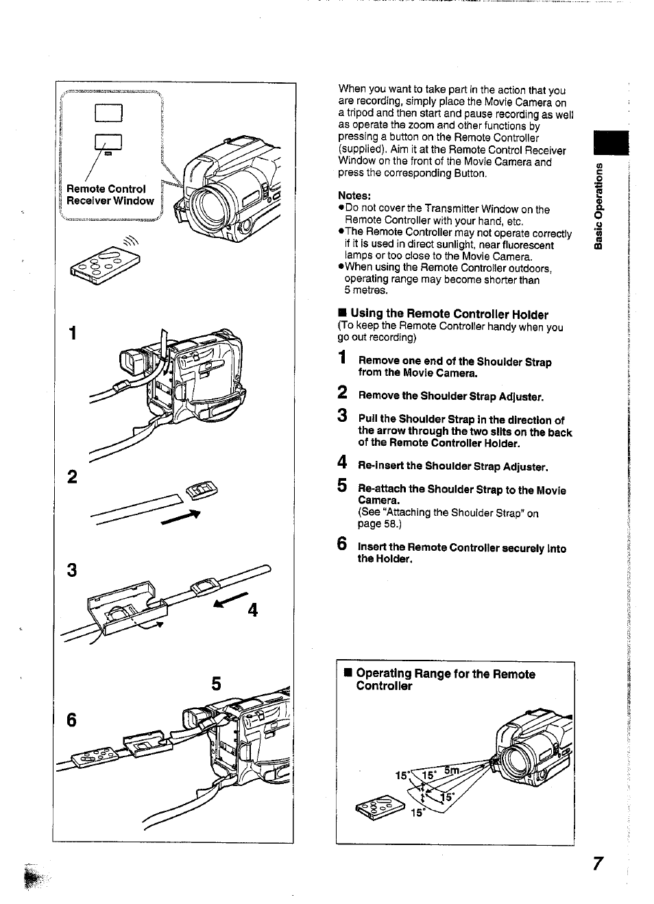Notes, Using the remote controller holder, 2 remove the shoulder strap adjuster | 4 re-insert the shoulder strap adjuster, 5 re-attach the shoulder strap to the movie camera | Panasonic NV-S99A User Manual | Page 7 / 65