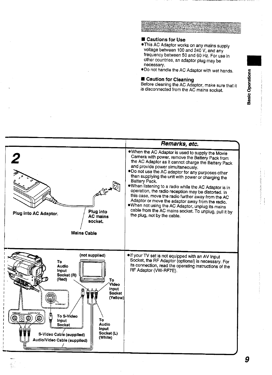 Cautions for use, Caution for cleaning, Mains cable | Remarks, eta | Panasonic NV-S99A User Manual | Page 9 / 65