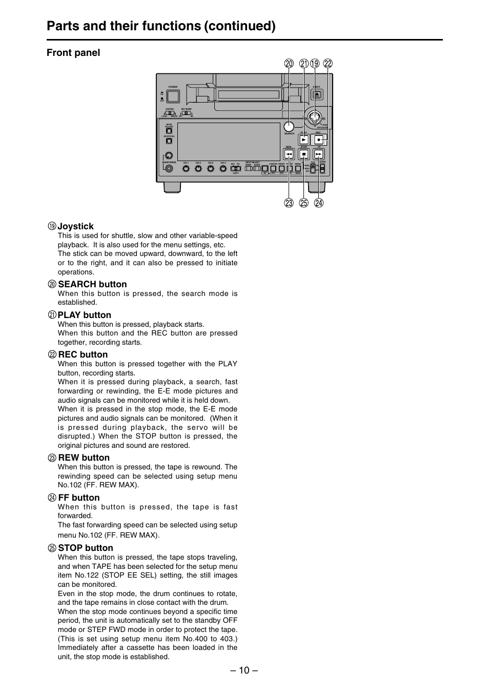 Parts and their functions (continued), Front panel, Joystick | Search button, Play button, Rec button, Rew button, Ff button, Stop button | Panasonic AJ-SDd93 User Manual | Page 10 / 46