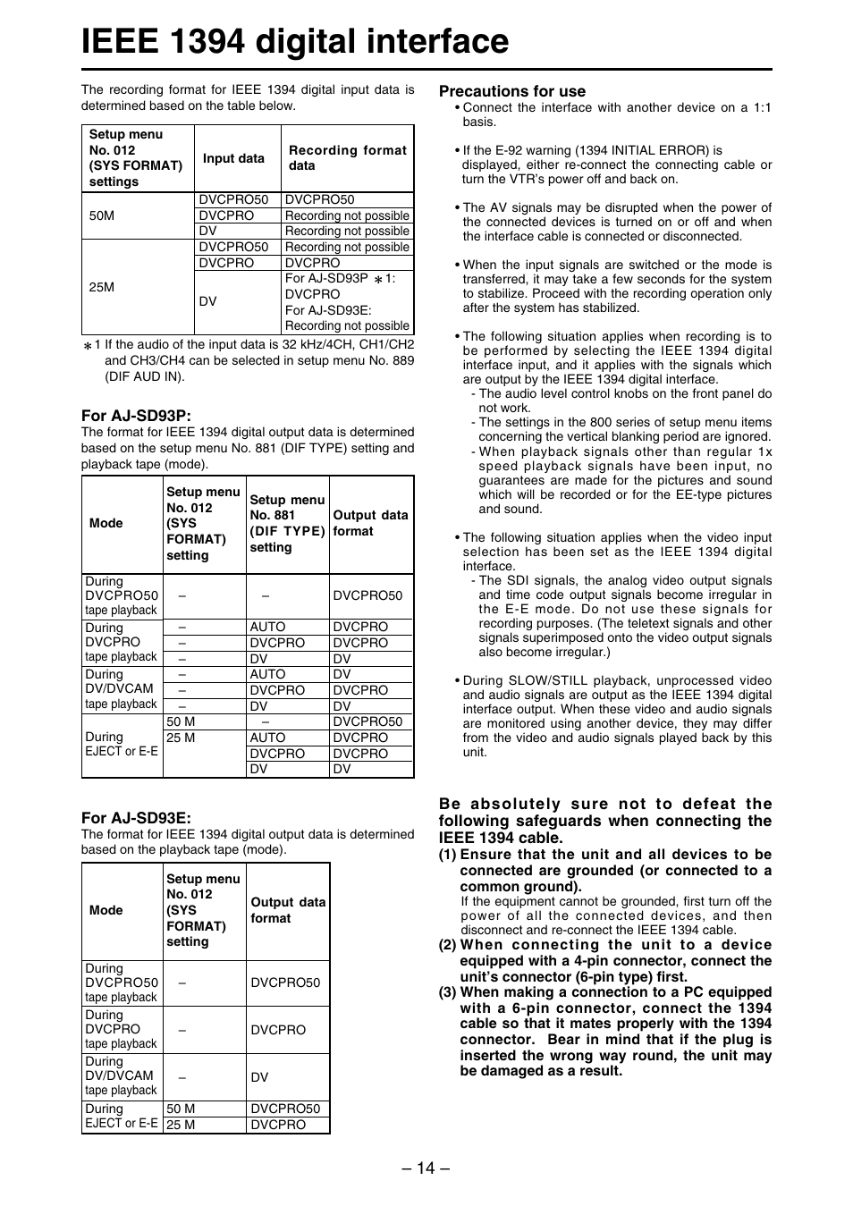 Ieee 1394 digital interface | Panasonic AJ-SDd93 User Manual | Page 14 / 46