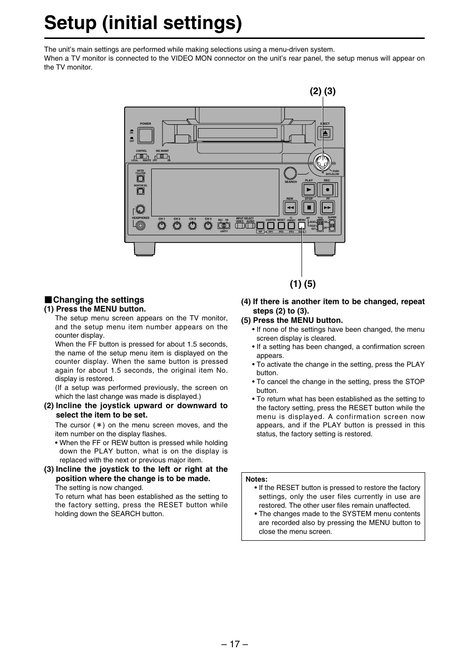 Setup (initial settings), Changing the settings, 1) press the menu button | Panasonic AJ-SDd93 User Manual | Page 17 / 46