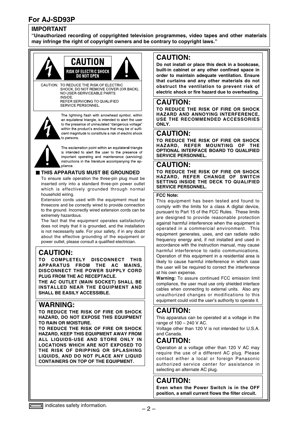 For aj-sd93p, Warning, Caution | Panasonic AJ-SDd93 User Manual | Page 2 / 46