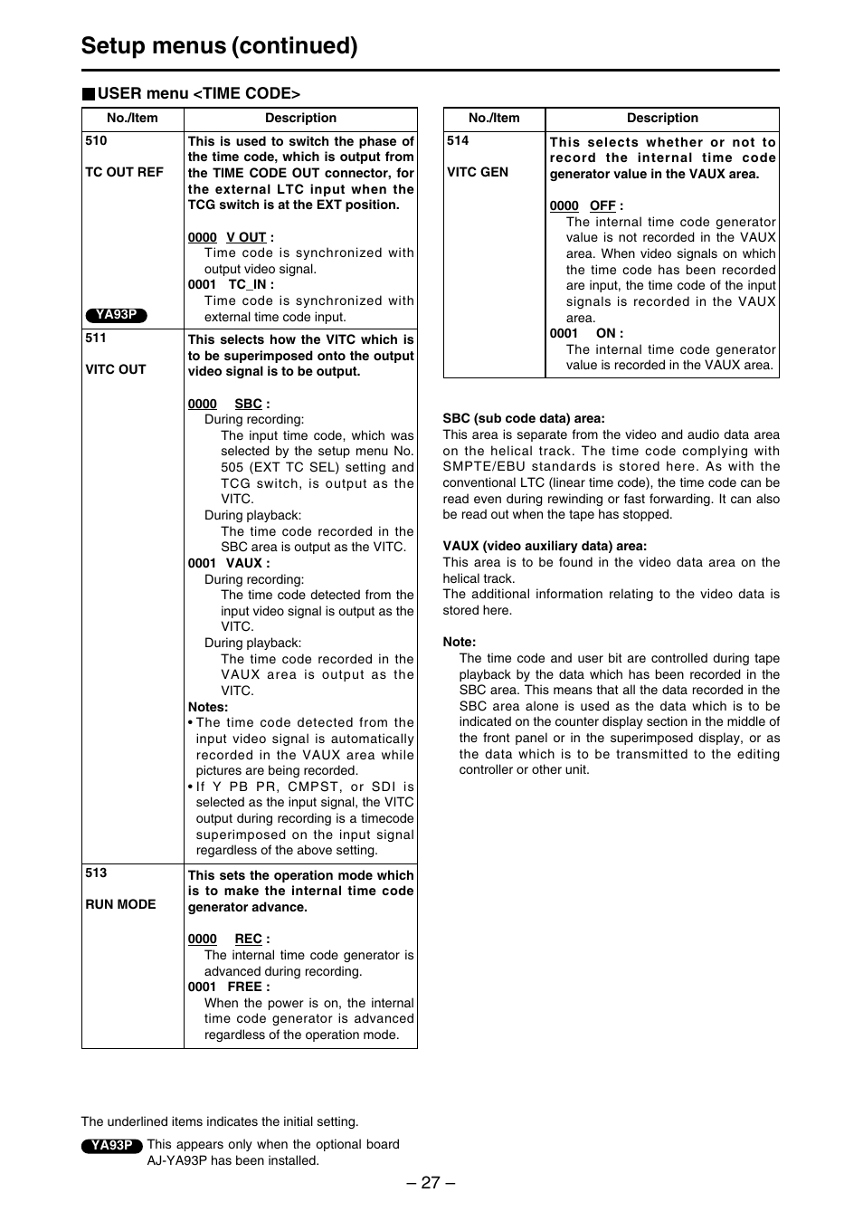 Setup menus (continued) | Panasonic AJ-SDd93 User Manual | Page 27 / 46