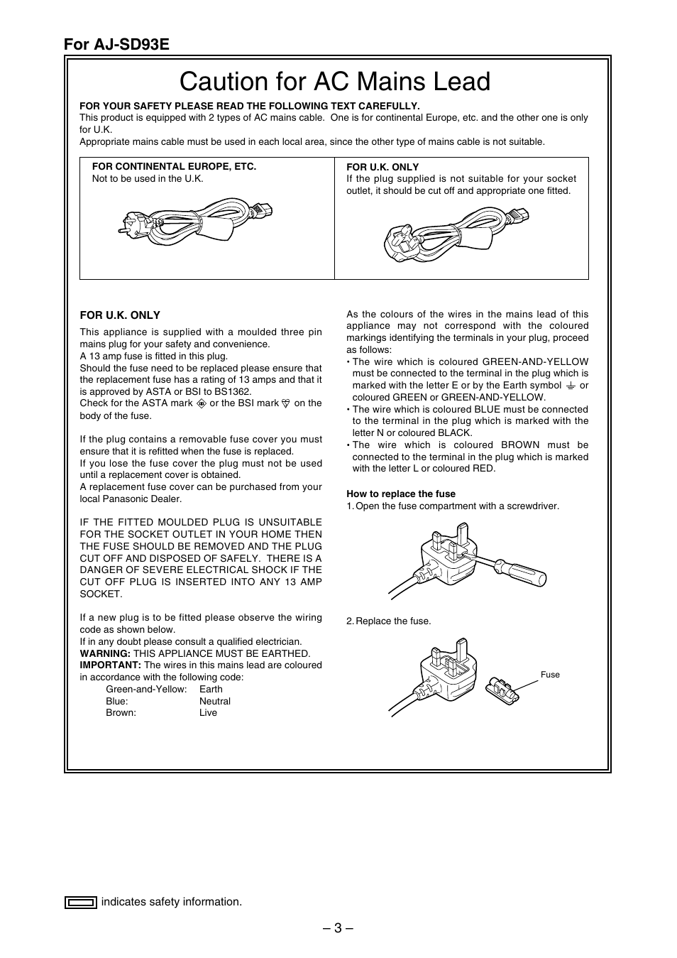 Caution for ac mains lead, For aj-sd93e | Panasonic AJ-SDd93 User Manual | Page 3 / 46