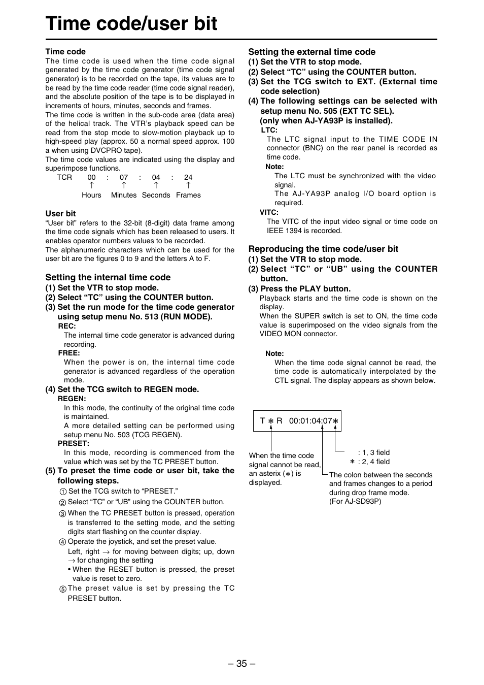 Time code/user bit | Panasonic AJ-SDd93 User Manual | Page 35 / 46