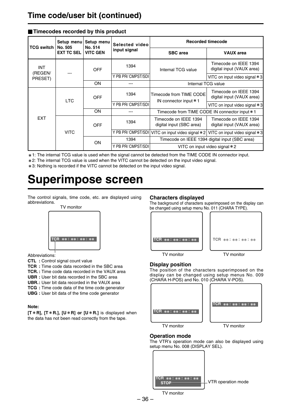 Superimpose screen, Time code/user bit (continued) | Panasonic AJ-SDd93 User Manual | Page 36 / 46
