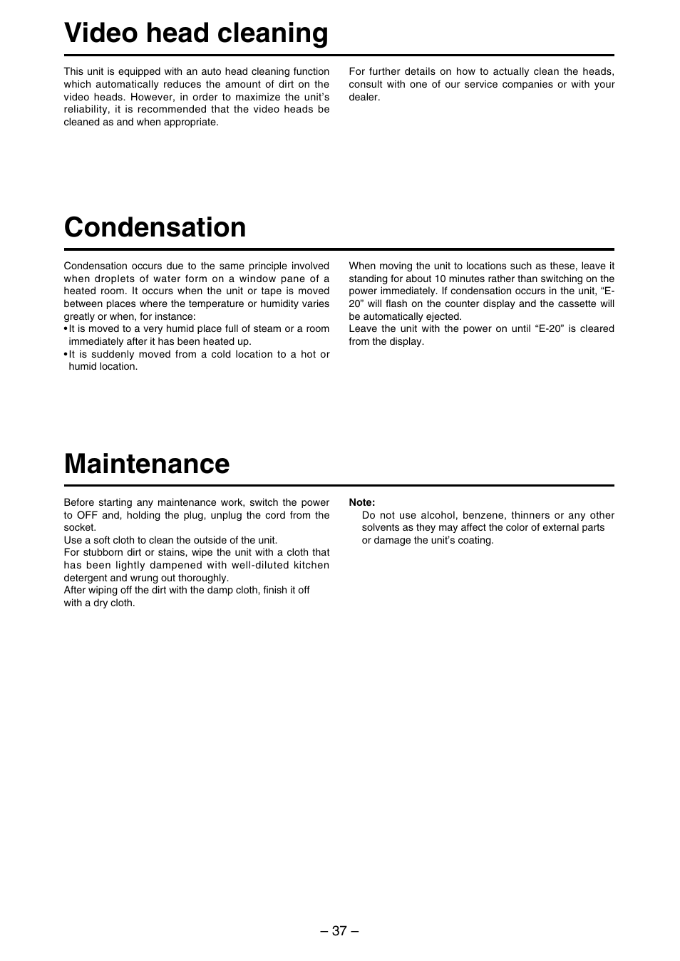 Video head cleaning condensation, Maintenance | Panasonic AJ-SDd93 User Manual | Page 37 / 46