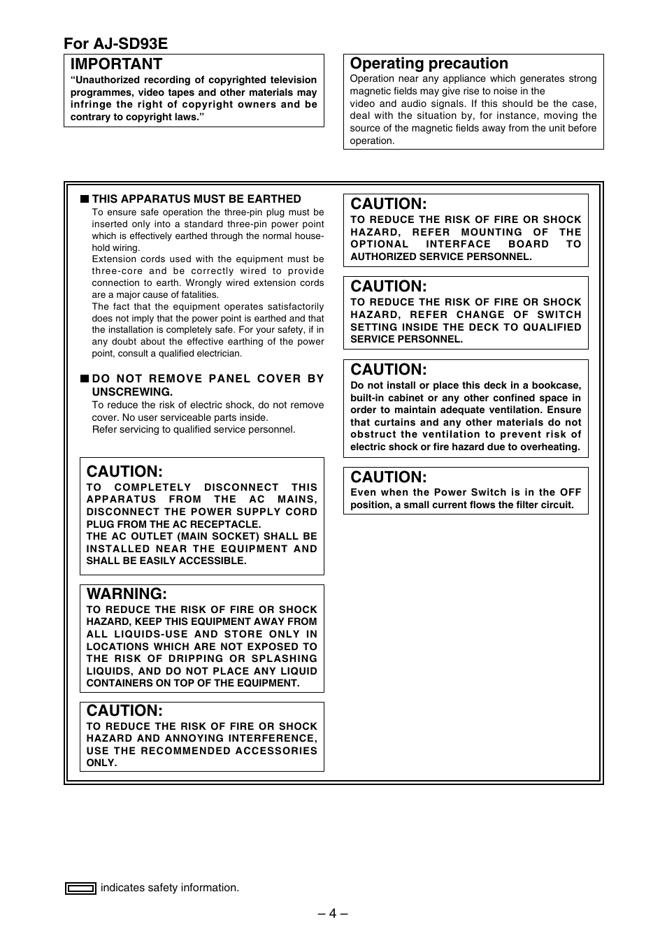 For aj-sd93e important, Operating precaution, Warning | Caution | Panasonic AJ-SDd93 User Manual | Page 4 / 46