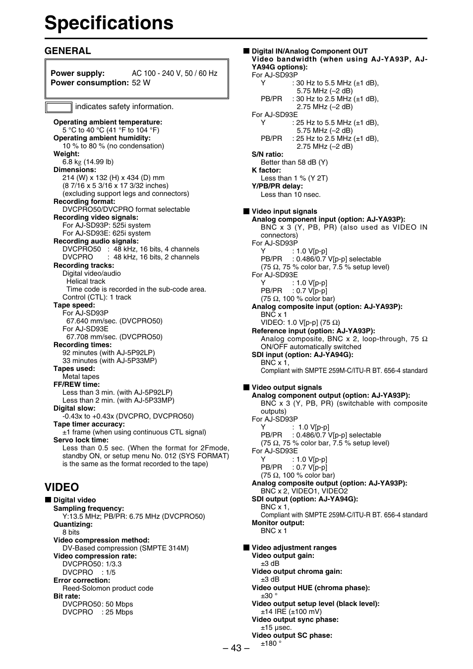 Specifications, Video, General | Panasonic AJ-SDd93 User Manual | Page 43 / 46